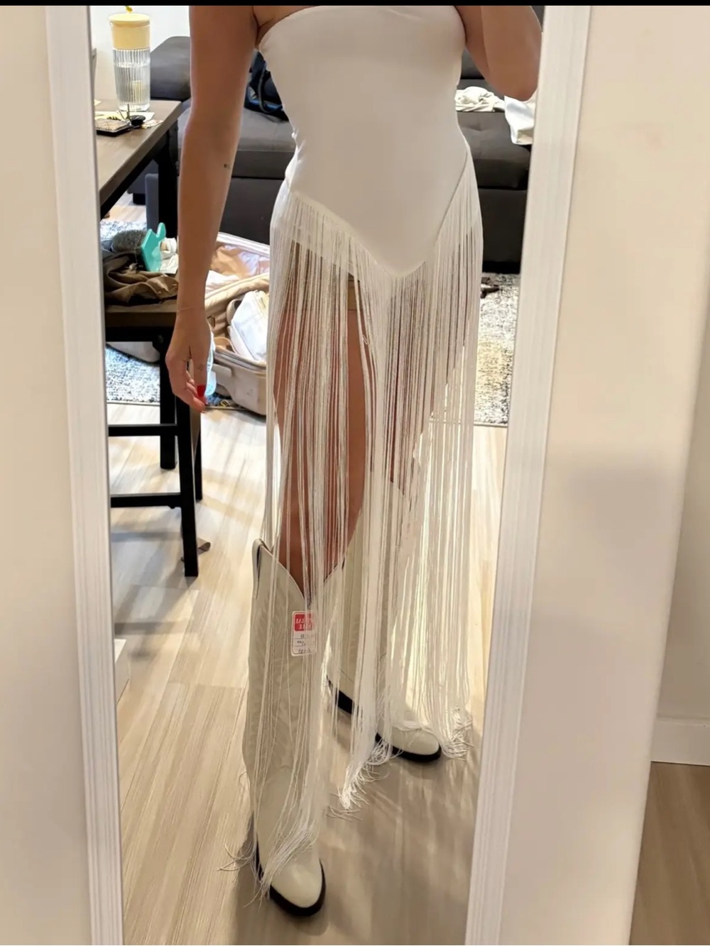 White Fringe Bodysuit with Long Tassel Skirt